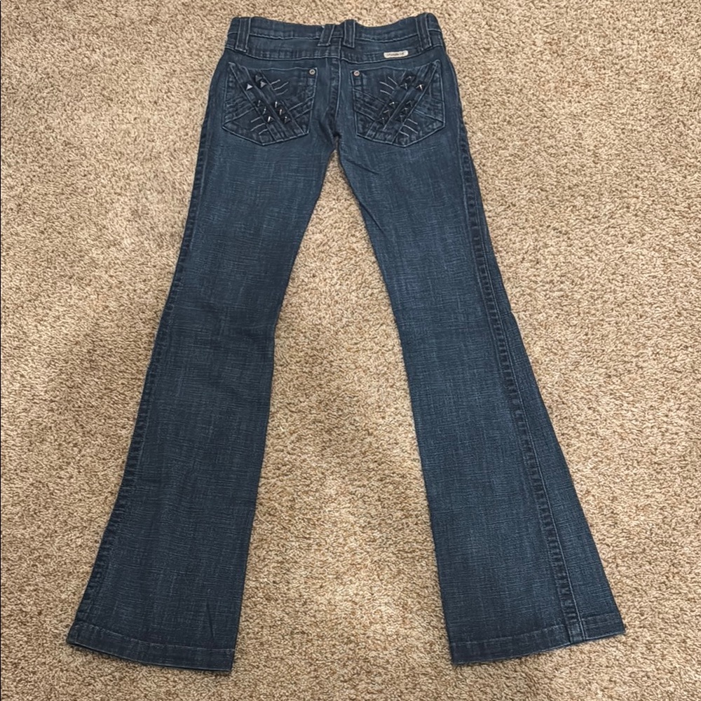 Frankie B. Blue Boot Cut Jeans with Intricate Stitching - Picture 3 of 5